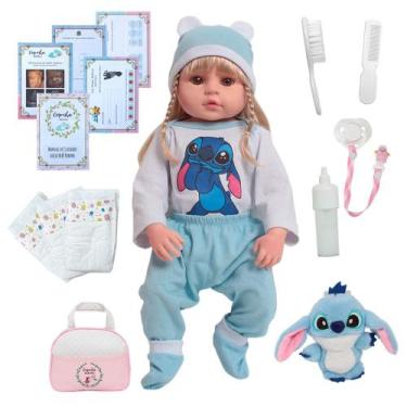 Imagem de Boneca Reborn Bebê Valentina Loira Enxoval Stitch Completo - Cegonha R