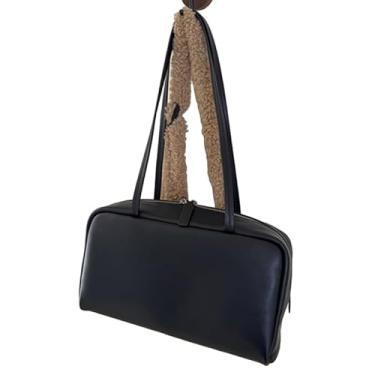 Imagem de Bolsa minimalista feita à mão, retrô, moderna, couro legítimo, boliche, bolsa de ombro de grande capacidade, Preto, 30*10*16CM