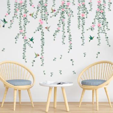 Imagem de ZARROUEA Decalques de parede de videira verde pendurados, plantas suculentas, glicínias, flores florais, borboletas, pássaros, adesivos de parede, vinil autoadesivo, removível, sala de estar, sofá, TV