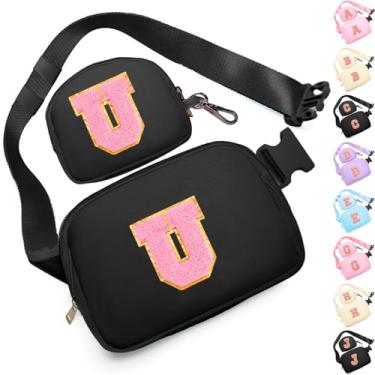 Imagem de Presentes de aniversário para meninas de 4, 5, 6, 7, 8, 9, 10, 11, 12 e 13 anos, pochete com aplique de letra inicial para mulheres, meninas e adolescentes, Preto, Medium, U