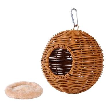 Imagem de ShengQuanHao de pássaro de vime sintético pendurado, cabana de feita à mão, rede respirável com almofada para reprodução de periquitos e tordos, Caqui com Um Furo