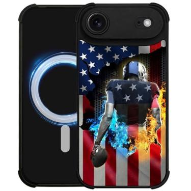 Imagem de DJSOK Capa para HM2 Air, compatível com MagSafe, capa antiarranhões, à prova de choque, bandeira americana de futebol de rúgbi de gelo e fogo