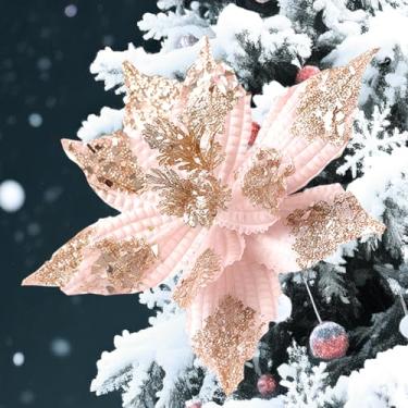 Imagem de Earssa 8 peças de flores de Natal grandes com glitter flores de poinsétia artificiais 28 cm flores rosa poinsétias flores árvore de natal ano novo enfeites de guirlanda de casamento
