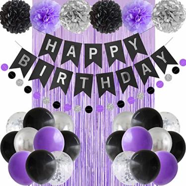 Imagem de ANSOMO Decorações de festa de feliz aniversário preto roxo e prata balões suprimentos de decoração feminino masculino meninos meninas 16 anos 20 25 30 35 40 45 50 60 70