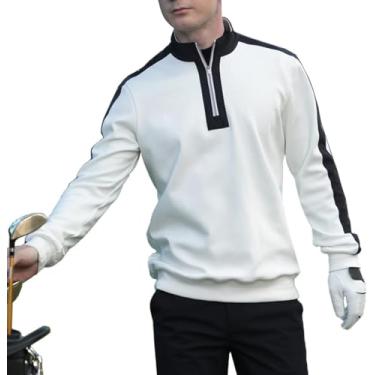 Imagem de Camiseta De Golfe Masculina, Masculina Mantenha Quente Camisa De Lã Com Zíper Gola Alta Patchwork Manga Longa Esportiva, White, M