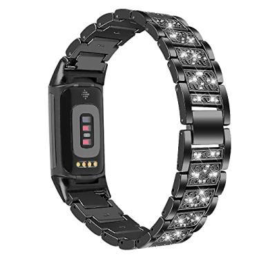 Imagem de Feigand Pulseiras brilhantes compatíveis com Fitbit Charge 6/Charge 5, pulseiras de metal brilhante, luxuosas pulseiras de substituição com strass (preto)