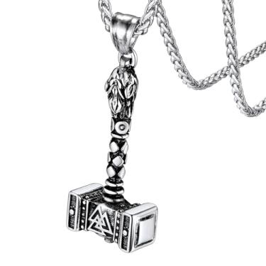 Imagem de FaithHeart Colar de martelo do Thor Viking, aço inoxidável/prata esterlina Vegvisir Mjolnir Amuleto com corrente de trigo resistente Prata
