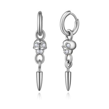 Imagem de Cicy Bell Brincos femininos de argola com pingente de caveira, punk gótico, moderno, zircônia cúbica, esqueleto, cabeça de esqueleto, joias para dia dos namorados, presentes para amigos, Free Size