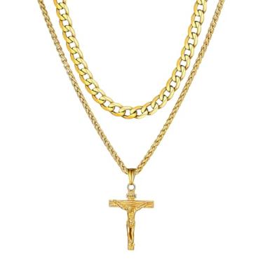 Imagem de ChainsHouse Colar de cruz em camadas para homens, aço inoxidável/preto/banhado a ouro, cubano/arame farpado com pingente de cruz/crucifixo, conjunto de joias religiosas para presente para pai, marido