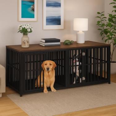 Imagem de Canil Portátil Duplo Cercado Gaiola Para 2 Cães Cachorros Aparador Madeira Rack Mesa De Canto Suporte TV 3 Em 1 Canis