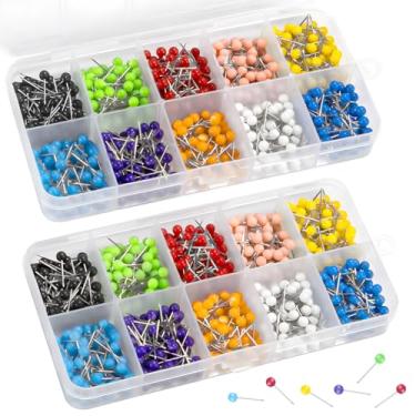 Imagem de 2 caixas, 1200 peças de pinos coloridos, pequenos tachinhas de mapa com contas de plástico para mapas de viagem, quadros de cortiça, escritório, artesanato DIY, pinos de quadro de avisos