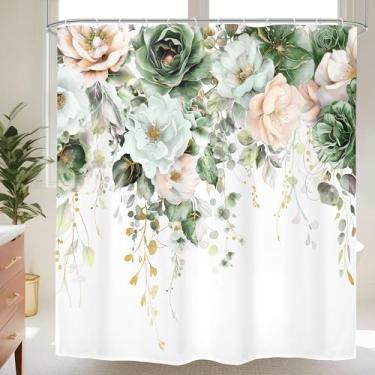 Imagem de Omifly Cortina de chuveiro floral verde e rosa 182 cm L x 192 cm A primavera verão folhas de eucalipto plantas de flores silvestres botânicas meninas mulheres com 12 ganchos de plástico tecido à prova