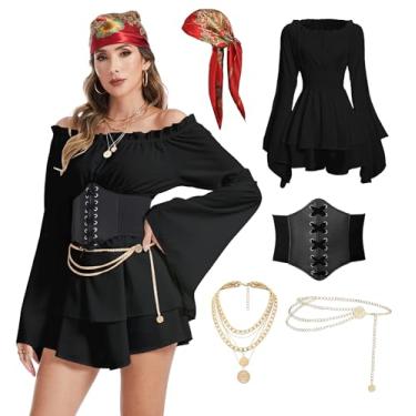 Imagem de DARFULA Fantasia de pirata vestido de pirata branco com espartilho colar bandana acessório para lenço de cabeça (preto, médio)