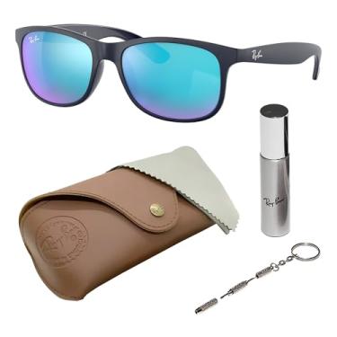 Imagem de Ray-Ban RB4202 ANDY Óculos de sol quadrados para homens e mulheres com kit oficial de óculos RAYBAN, Armação azul fosco | Lente espelhada azul, 55 mm