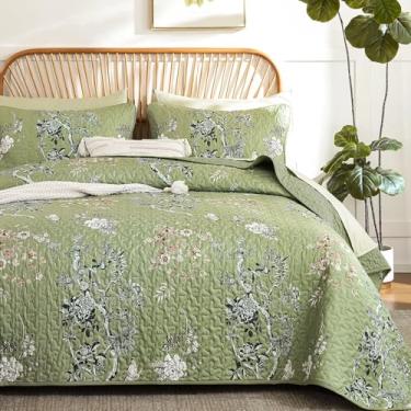 Imagem de WONGS BEDDING Conjunto de colcha floral, Queen, verde-oliver, folhas botânicas e borboletas, conjunto de colcha, macio, lindo, plantas, colchas