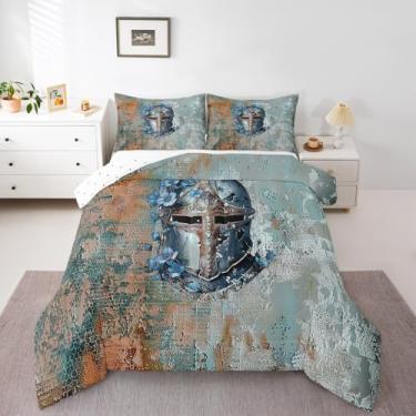 Imagem de Erosebridal Conjunto de edredom de cavaleiro medieval, tamanho casal, para homens, adolescentes, soldado, azul rústico, pintura a óleo, retrô, floral, para decoração de quarto
