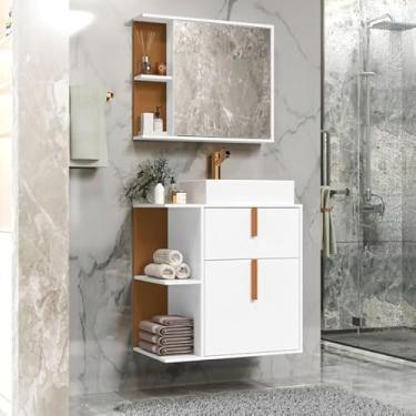 Imagem de Kit Para Banheiro Gabinete Suspenso Com Espelheira E Cuba Argos Branco Com Nature K7 Plus