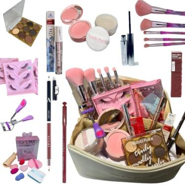 Imagem de Kit de Maquiagem Completo com 25 Itens, Necessaire Exclusiva, Pincéis Rosa, Paleta de Sombras, Cílios Postiços