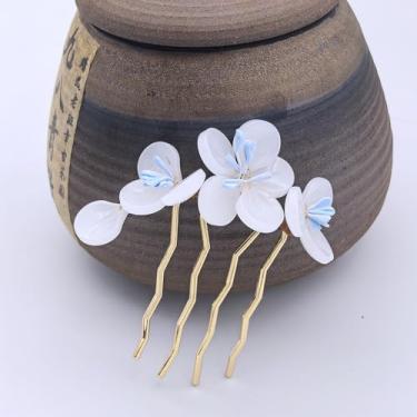 Imagem de 1 peça rabithenn elegante palito de cabelo de camélia, flor roxa e transparente com alfinete de cabelo de folhas verdes para mulheres, coque chinês updo acessório de penteado presente (Jasmim branco)