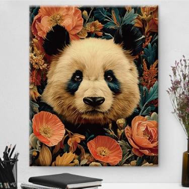 Imagem de Arte de parede botânica de panda vintage emoldurada - Decoração de parede com flores escuras da Academia para quarto, sala de estar, casa, 20,3 x 25,4 cm