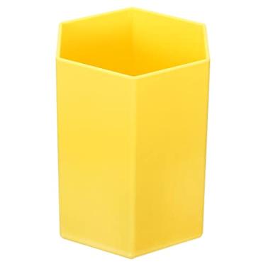 Imagem de Porta-lápis, caneta de plástico, porta-pincéis de maquiagem, porta-copos, hexágono, organizador de mesa, suporte de papelaria para escritório em casa, amarelo