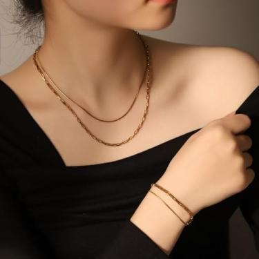 Imagem de Elegante conjunto de joias banhadas a ouro de camada dupla minimalista, colar gargantilha empilhada, corrente de mão ajustável para mulheres, acessórios elegantes para uso diário