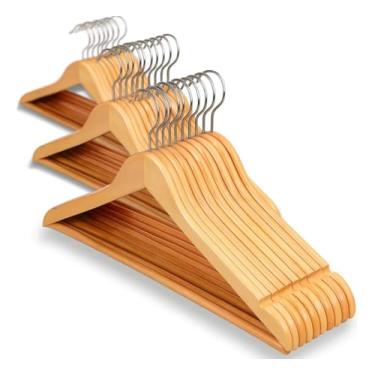 Imagem de Cabide Madeira Marfim 20 Un Gancho Cromado Closet Linha Luxo