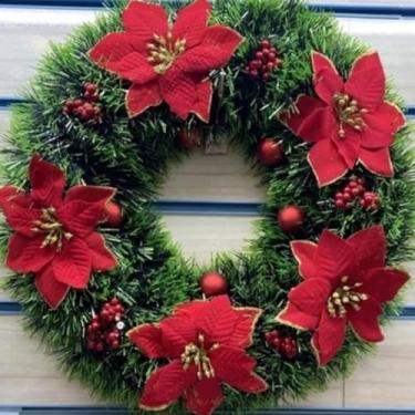 Imagem de Guirlanda Natalina 38cm Decorativa para Porta – Flores Vermelhas e Douradas Enfeite de Natal Alegre e Elegante