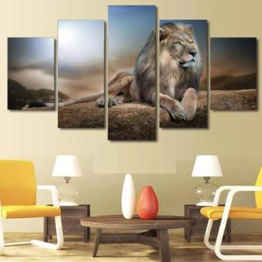Imagem de Kit quadro decorativo 5 peças 95x60cm Leão Africano Mosaico