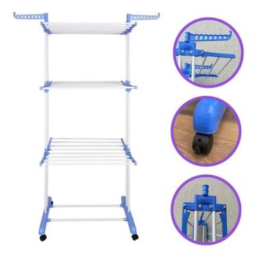 Imagem de Varal de Chão Dobrável 3 Andares Grande com Rodinhas e Suporte para Ca