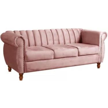 Imagem de Sofá Chesterfield 3 Lugares Realeza Vintage Retrô Veludo Rosê