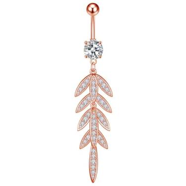 Imagem de Niaspi Anéis de umbigo femininos com pingente de folha de strass brilhante 14G de aço cirúrgico 316L CZ com folhas longas penduradas no umbigo, piercing no umbigo (ouro rosa)