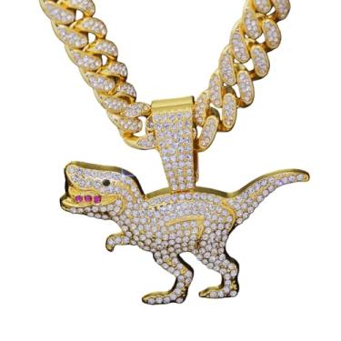 Imagem de GuoShuang Corrente feminina com pingente de dinossauro gelado, corrente cubana de 45,7 cm, colar hip hop Miami para mulheres