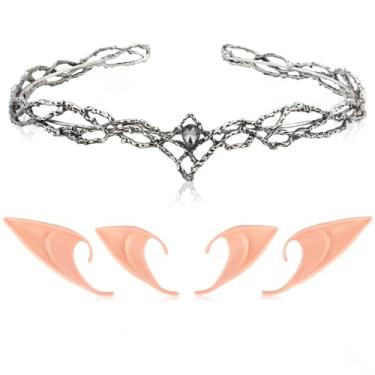 Imagem de Wecoe Conjunto de orelhas e coroa de elfo de fada, fantasia de elfo de elfo para festa de Halloween, acessórios renascentistas (prata antiga, strass preto)