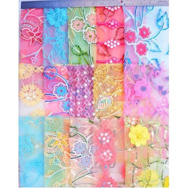 Imagem de Vintage Fabrics Crafts Rede de bordado brilhante Supernet 15 peças | Tecido de 28 x 28 cm com multicolorido e design de renda, costura, artesanato, decoração de casa
