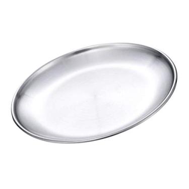 Imagem de Pratos de metal, bandejas de aço inoxidável, prato redondo para lanche, pastelaria, chá, café, café da manhã, pratos de aperitivo para cozinha, restaurante, churrasco, bife, peixe, pratos de jantar