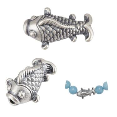 Imagem de BENECREAT 2 peças de contas espaçadoras de peixe prata antiga, contas de peixe de prata esterlina 999, contas de metal soltas para colares, pulseiras, brincos, chaveiro, fabricação de joias