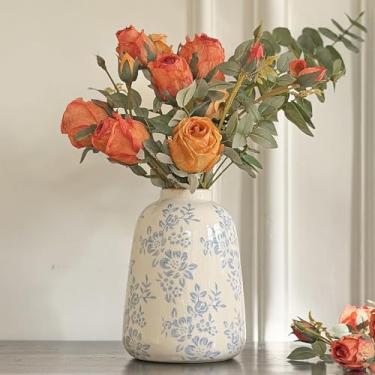 Imagem de Vaso de cerâmica vintage, vaso decorativo floral chinoiserie azul e branco, rústico retrô fazenda acabamento rachado vasos para flores, decoração de casa, sala de estar, cozinha, escritório, azul