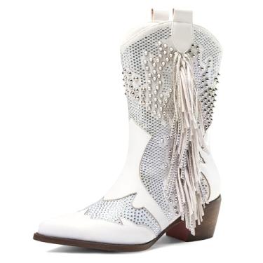 Imagem de Tsrenlmln Botas de cano curto femininas bico fino com strass salto grosso rebite western cowboy com borlas botas femininas cowgirl sem cadarço, Branco, 36