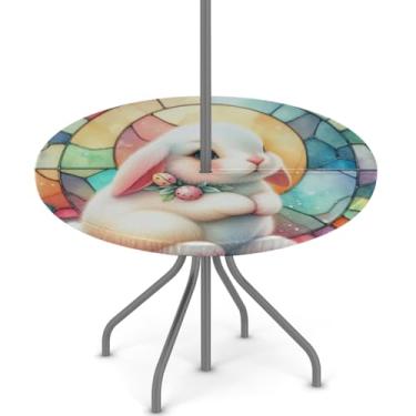 Imagem de hongjinglin Toalha de mesa de Páscoa para uso ao ar livre com orifício para guarda-chuva, toalha de mesa redonda elástica com zíper, impermeável, limpável, para piquenique, festa, pátio, serve para