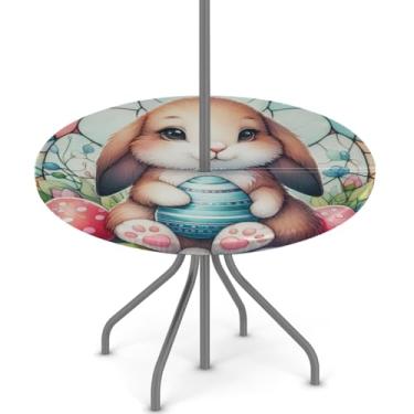 Imagem de hongjinglin Toalha de mesa de Páscoa para uso ao ar livre com orifício para guarda-chuva, toalha de mesa redonda elástica com zíper, impermeável, limpável, para piquenique, festa, pátio, serve para