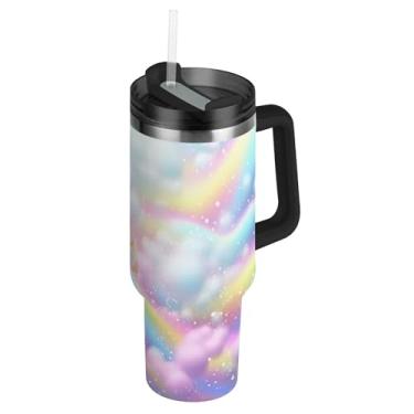 Imagem de Blueangle Copo de sorvete arco-íris de 850 g com alça e tampa de palha, caneca de viagem de aço inoxidável isolada a vácuo de parede dupla, garrafa de água reutilizável para academia de escritório ao