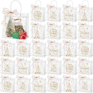 Imagem de Henoyso 36 unidades de sacos de presente de Natal transparentes com alças de plástico para doces de Natal sacolas de embrulho de presente de PVC com fita para lembrancinhas de festa de Natal (19 x 19