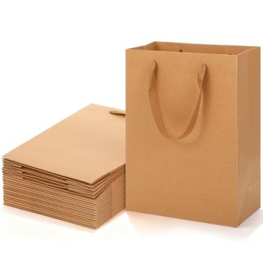 Imagem de Meyeyaia 25 sacos de papel marrom com alças, 20 x 10 x 28 cm, sacos de presente de papel reutilizáveis de tamanho médio com alças para festa de casamento, sacola de presente, sacola de compras