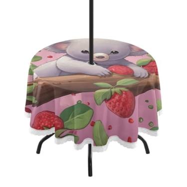 Imagem de ATTX Toalha de mesa redonda pequena koala morangos ao ar livre – 152 cm, à prova d'água, à prova de derramamento, uso interno/externo, com orifício para guarda-chuva com zíper para acampamento