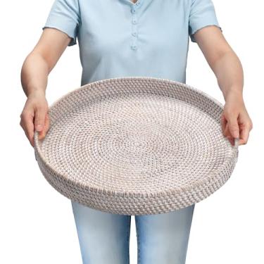Imagem de Bandeja redonda de vime de 43 cm, bandeja de servir de tecido com alças, cesta de servir de vime, decoração de mesa de centro para sala de estar, lavagem branca