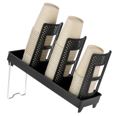 Imagem de QWORK Organizador de tampa e copo de papel, suporte vertical com 3 compartimentos para xícaras de café descartáveis, comporta 100 xícaras ou 150 tampas, design de suporte de aço, perfeito para cozinha