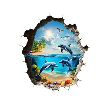 Imagem de MaiKeAYang Decalques de parede 3D, murais, decorações de parede de vinil removíveis, concha de golfinho oceano para sala de estar, quartos de bebê, quarto, banheiro, casa, parede, decoração DIY