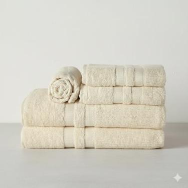 Imagem de Kit Toalha de Banho e Rosto 5 Pçs 100% Algodão 480 g/m2 Fio Duplos - Barra Dupla Decoratica, Luxo, maciez e alta absorção - Nude