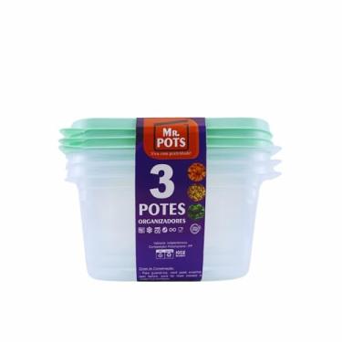 Imagem de Kit com 3 Potes organizadores quadrado 1300 ml, Verde Pastel, Clear